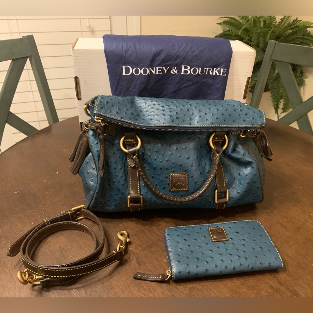 Dooney & Bourke Teal Ostrich Embossed Florentine Leather Satchel with Wallet
